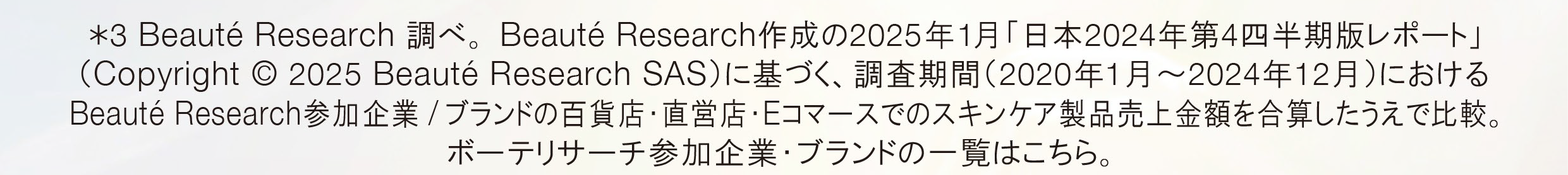 *3 Beauté Research 調べ。Beauté Research作成の2025年1月「日本2024年第4四半期版レポート」 (Copyright © 2025 Beauté Research SAS)に基づく、調査期間(2020年1月~2024年12月)における Beauté Research参加企業/ブランドの百貨店・直営店・Eコマースでのスキンケア製品売上金額を合算したうえで比較